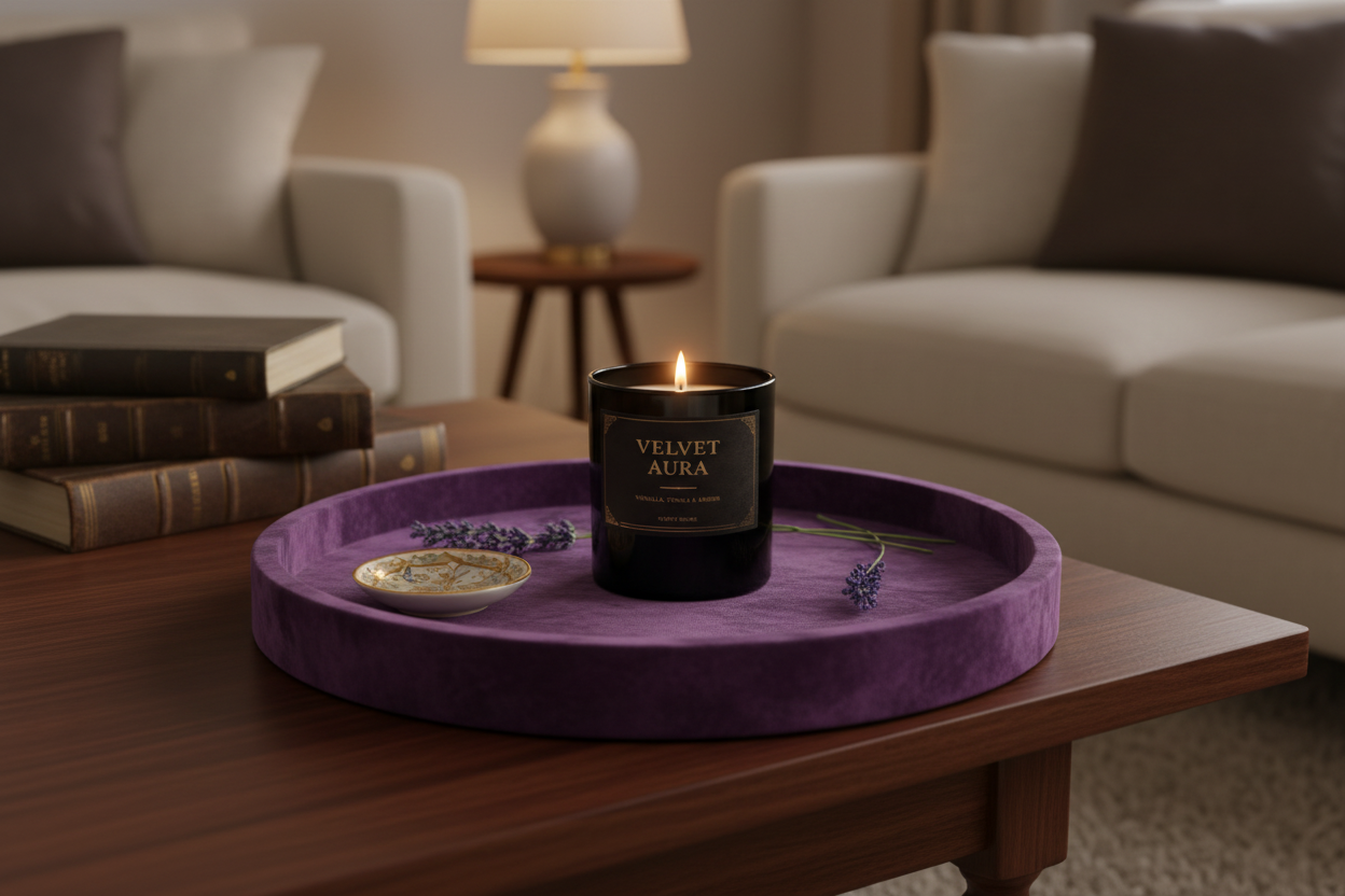 Velvet Aura candle styled with elegant decor